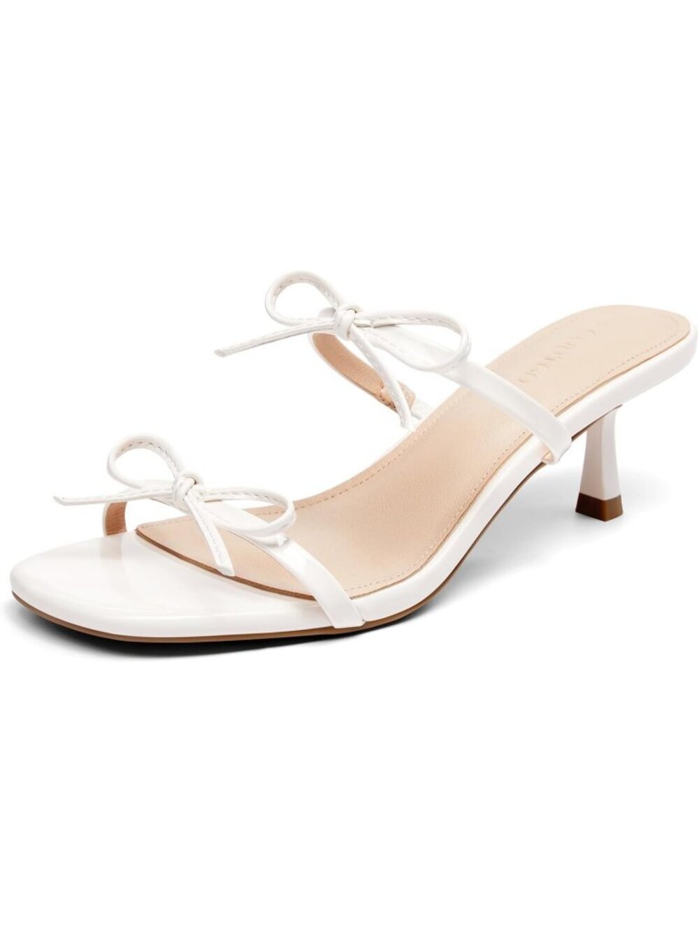 Women's Kitten Heels Bow Square White Open Toe Slides Two Strap Slip On Heels